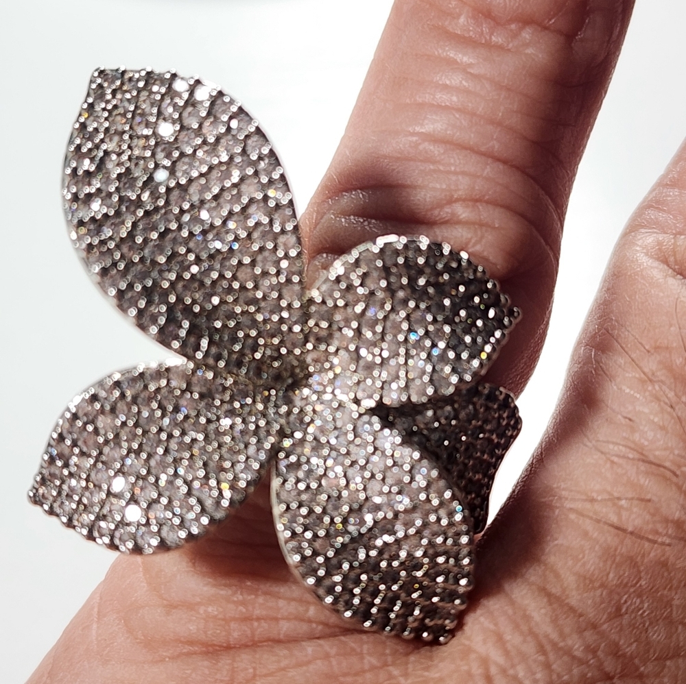 Silver Tone Floral Pavé Cocktail Ring - Sparkling Flower Design. 6.1/4